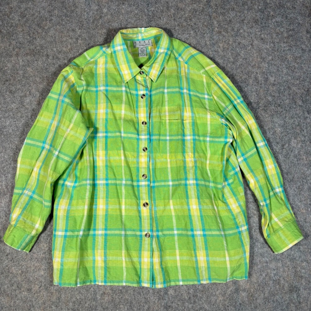 Real Comfort Linen Button Up Shirt Womens 1XL Green Plaid Long Sleeve Colorful